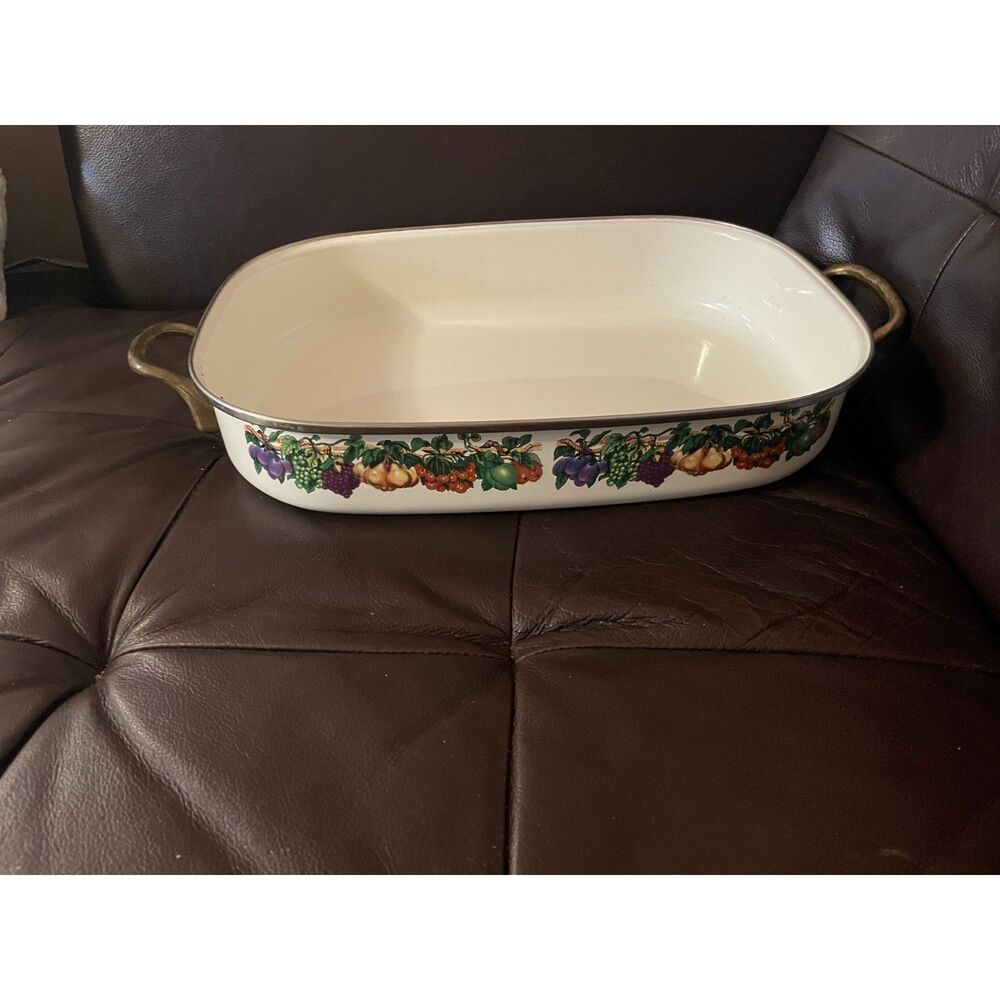 Vintage Enamel Roasting Pan w Brass Handles Fruit Pattern Large Baking Dish 15”
